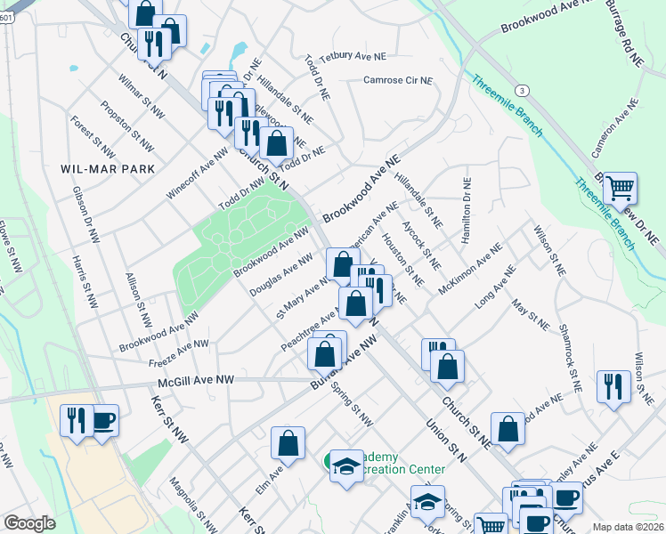 map of restaurants, bars, coffee shops, grocery stores, and more near 381 North Carolina 73 in Concord