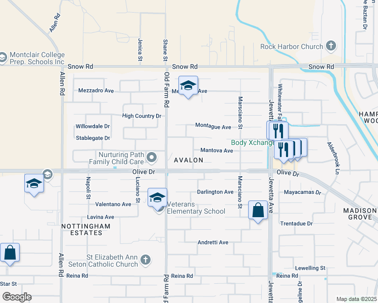 map of restaurants, bars, coffee shops, grocery stores, and more near 6715 Woodland Hills Drive in Bakersfield
