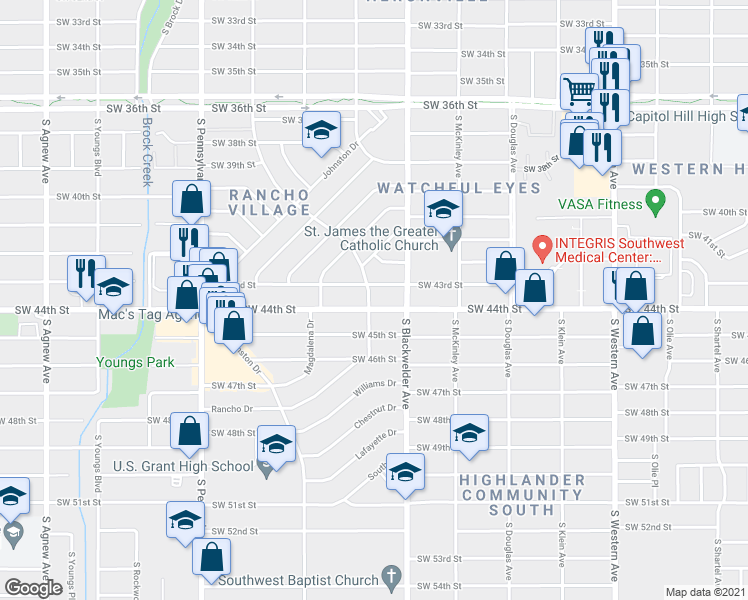 map of restaurants, bars, coffee shops, grocery stores, and more near 1325 Southwest 44th Street in Oklahoma City