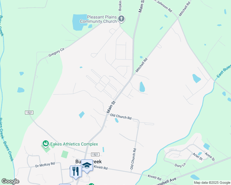 map of restaurants, bars, coffee shops, grocery stores, and more near 46 Winston Drive in Lillington
