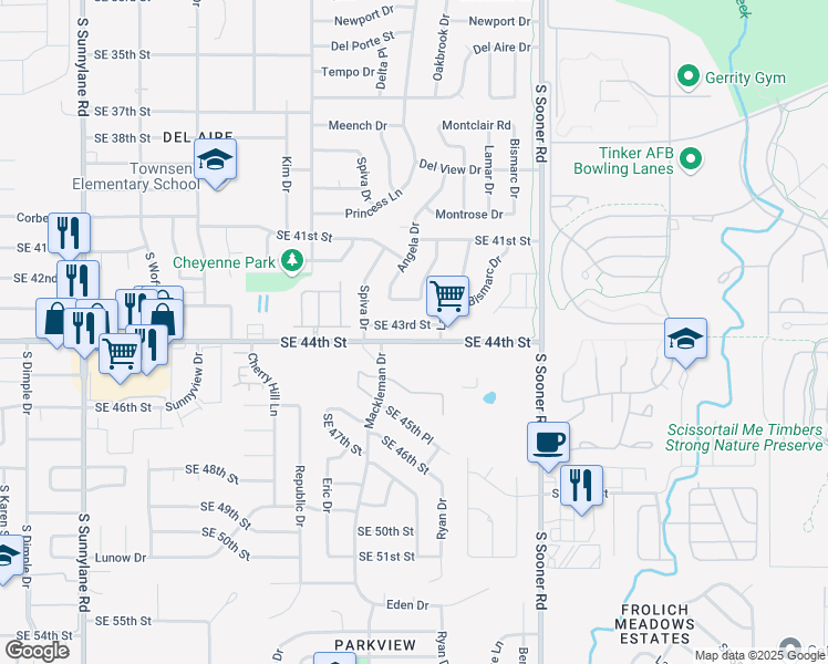 map of restaurants, bars, coffee shops, grocery stores, and more near 4752 Southeast 43rd Street in Del City