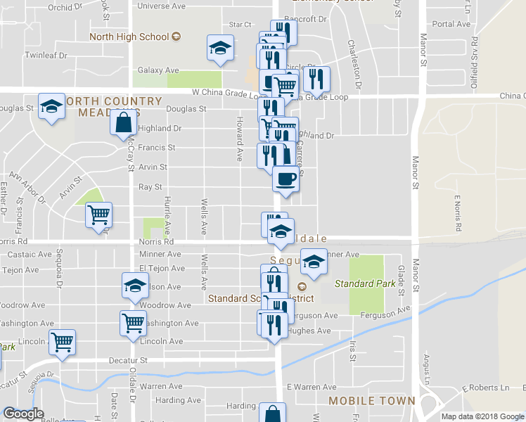 map of restaurants, bars, coffee shops, grocery stores, and more near 115 Linda Vista Drive in Bakersfield