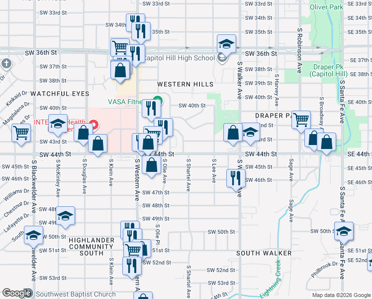 map of restaurants, bars, coffee shops, grocery stores, and more near 633 Southwest 44th Street in Oklahoma City