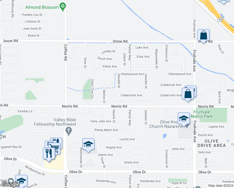 map of restaurants, bars, coffee shops, grocery stores, and more near 6701 Randall Street in Bakersfield