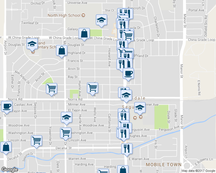 map of restaurants, bars, coffee shops, grocery stores, and more near 1611 Howard Avenue in Bakersfield