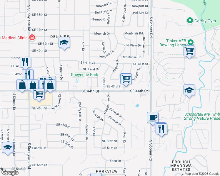 map of restaurants, bars, coffee shops, grocery stores, and more near 4732 Southeast 43rd Street in Del City