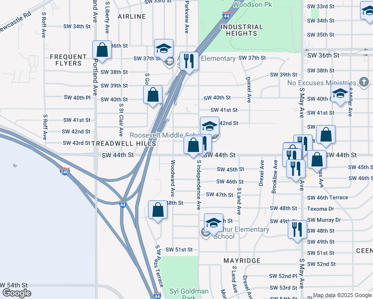 map of restaurants, bars, coffee shops, grocery stores, and more near 3313 Southwest 44th Street in Oklahoma City