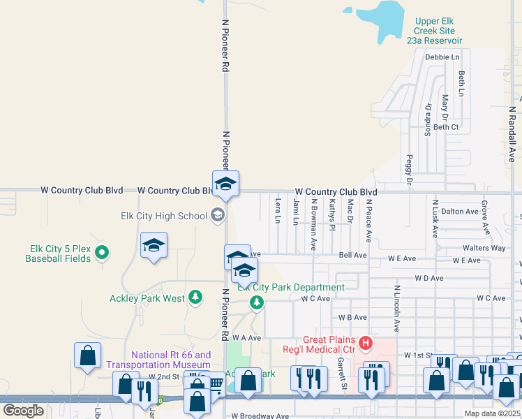 map of restaurants, bars, coffee shops, grocery stores, and more near 1003 Lera Lane in Elk City