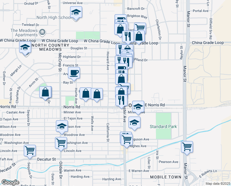 map of restaurants, bars, coffee shops, grocery stores, and more near 123 Linda Vista Drive in Bakersfield