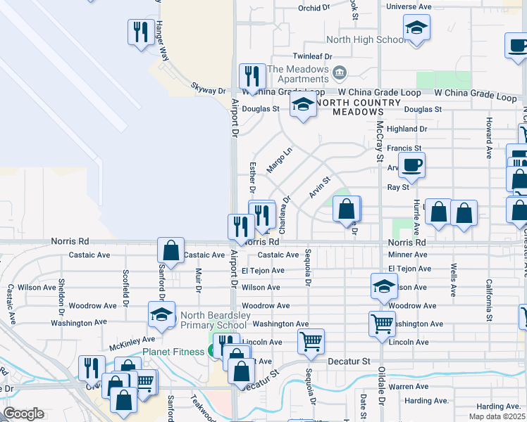 map of restaurants, bars, coffee shops, grocery stores, and more near 716 Francis Street in Bakersfield