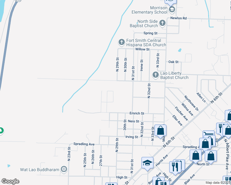 map of restaurants, bars, coffee shops, grocery stores, and more near 4308 Oak Park Circle in Fort Smith