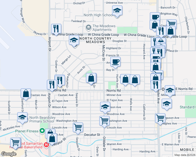map of restaurants, bars, coffee shops, grocery stores, and more near 517 Linda Vista Drive in Bakersfield