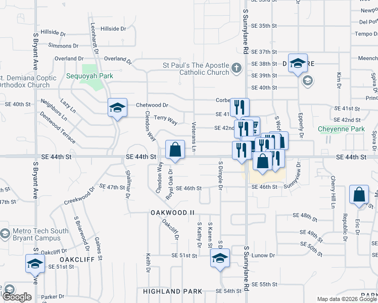 map of restaurants, bars, coffee shops, grocery stores, and more near 4020 Dentwood Terrace in Del City