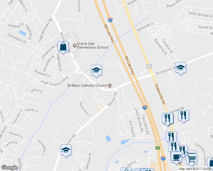map of restaurants, bars, coffee shops, grocery stores, and more near 14740 Stumptown Road in Huntersville