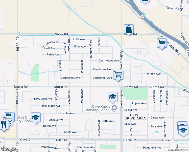 map of restaurants, bars, coffee shops, grocery stores, and more near 6900 Cedarcrest Avenue in Bakersfield