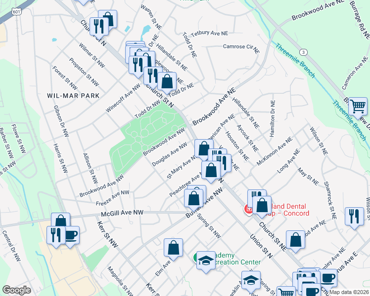 map of restaurants, bars, coffee shops, grocery stores, and more near 25 Douglas Avenue Northwest in Concord