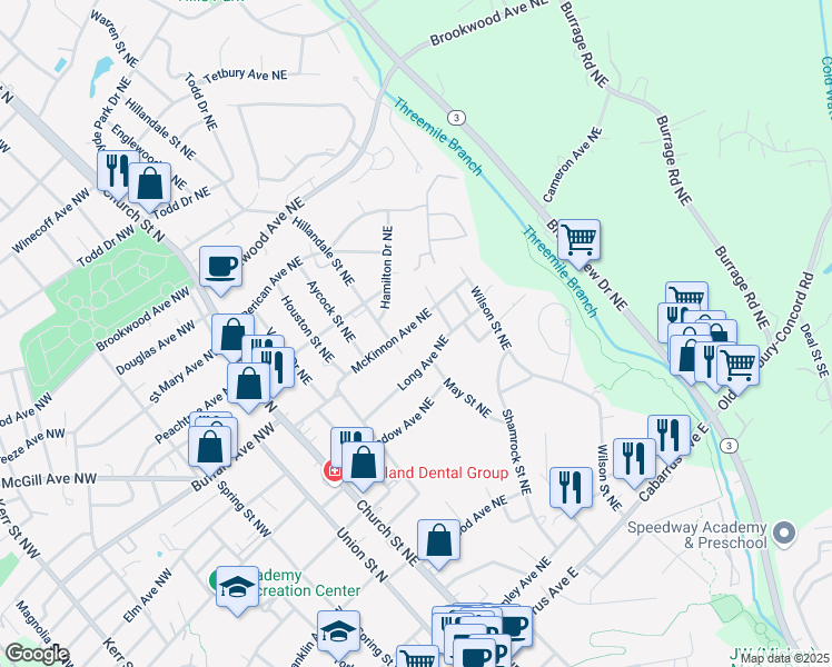 map of restaurants, bars, coffee shops, grocery stores, and more near 154 McKinnon Avenue Northeast in Concord