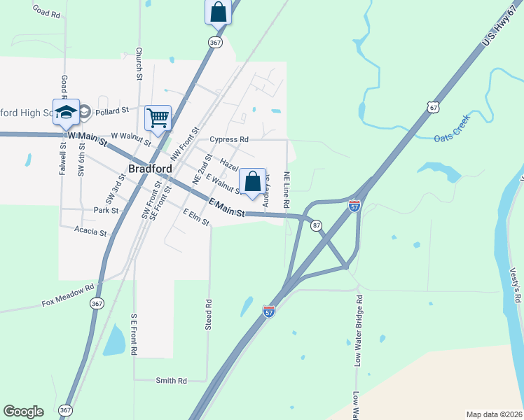 map of restaurants, bars, coffee shops, grocery stores, and more near 101 Audrey Street in Bradford