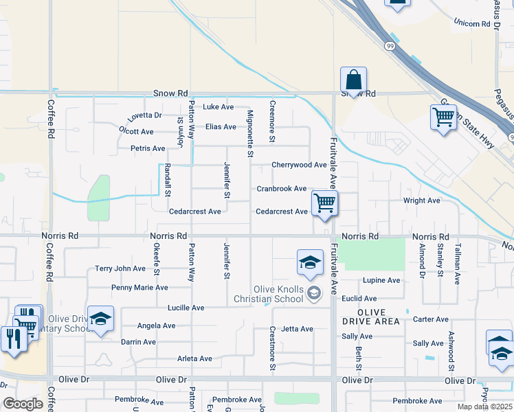 map of restaurants, bars, coffee shops, grocery stores, and more near 6900 Cedarcrest Avenue in Bakersfield