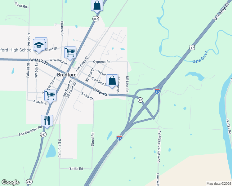 map of restaurants, bars, coffee shops, grocery stores, and more near 101 Audrey Street in Bradford