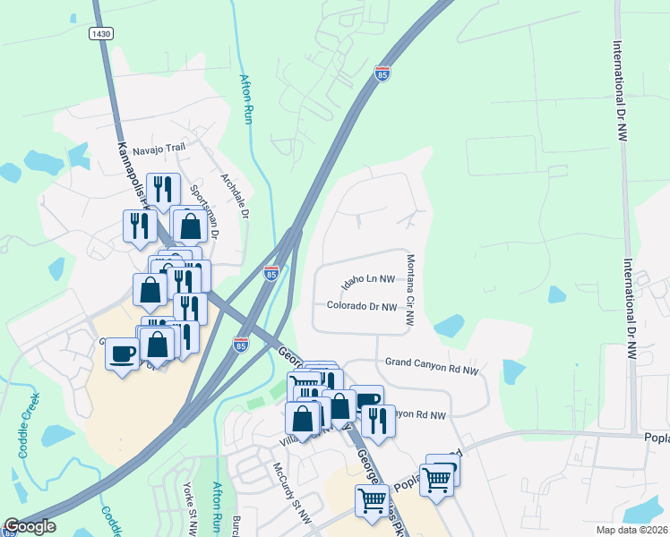 map of restaurants, bars, coffee shops, grocery stores, and more near 5375 Montana Circle Northwest in Concord