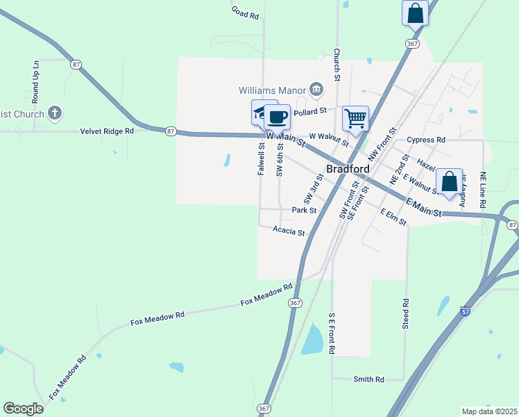 map of restaurants, bars, coffee shops, grocery stores, and more near Falwell Street in Bradford
