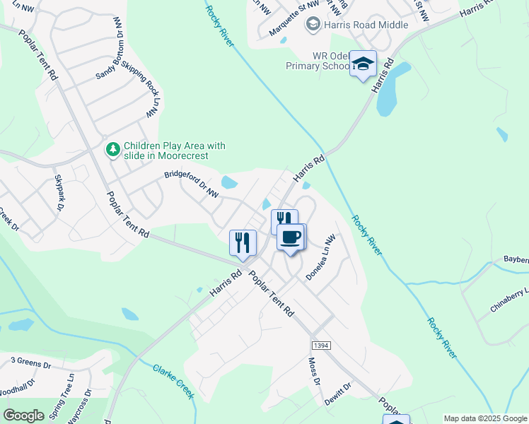 map of restaurants, bars, coffee shops, grocery stores, and more near 9850 Poplar Tent Road in Concord