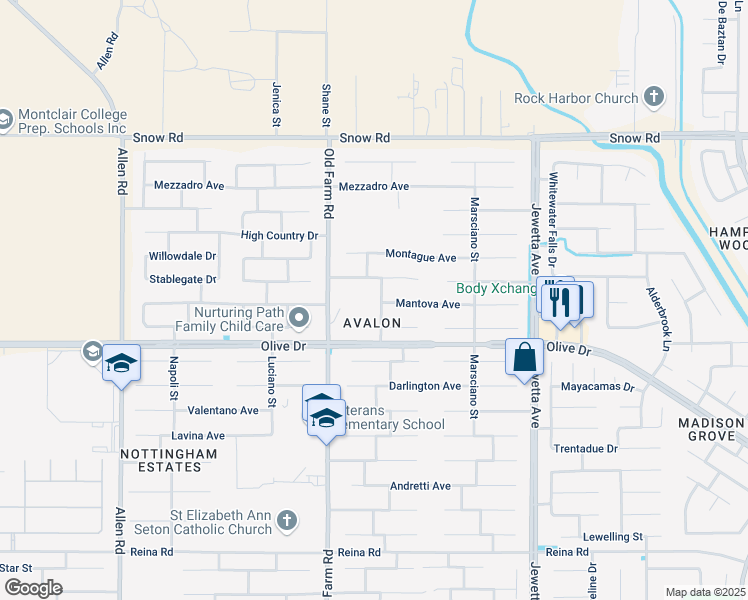 map of restaurants, bars, coffee shops, grocery stores, and more near 6715 Woodland Hills Drive in Bakersfield