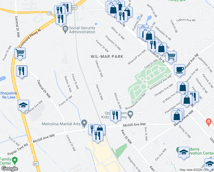 map of restaurants, bars, coffee shops, grocery stores, and more near 588 Gibson Drive Northwest in Concord