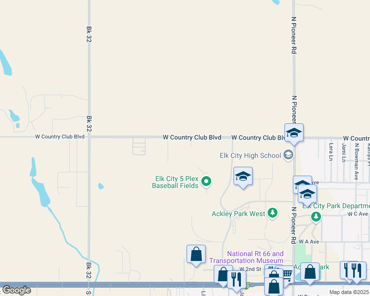 map of restaurants, bars, coffee shops, grocery stores, and more near 3200 West Country Club Boulevard in Elk City