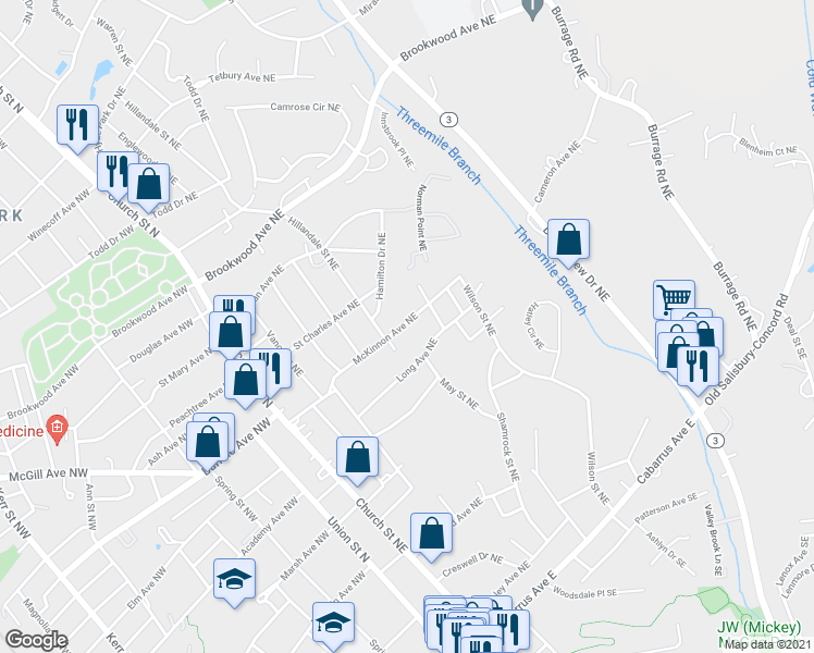 map of restaurants, bars, coffee shops, grocery stores, and more near 155 Long Avenue Northeast in Concord