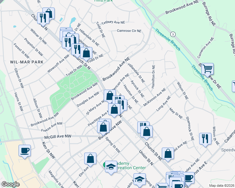 map of restaurants, bars, coffee shops, grocery stores, and more near 353 Vance Drive Northeast in Concord