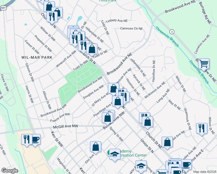 map of restaurants, bars, coffee shops, grocery stores, and more near 381 North Carolina 73 in Concord