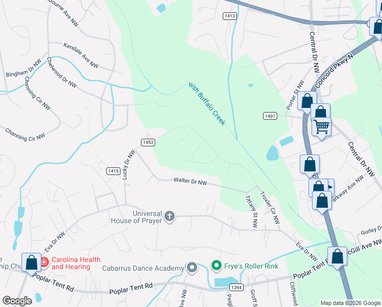 map of restaurants, bars, coffee shops, grocery stores, and more near 2976 Walter Drive Northwest in Concord