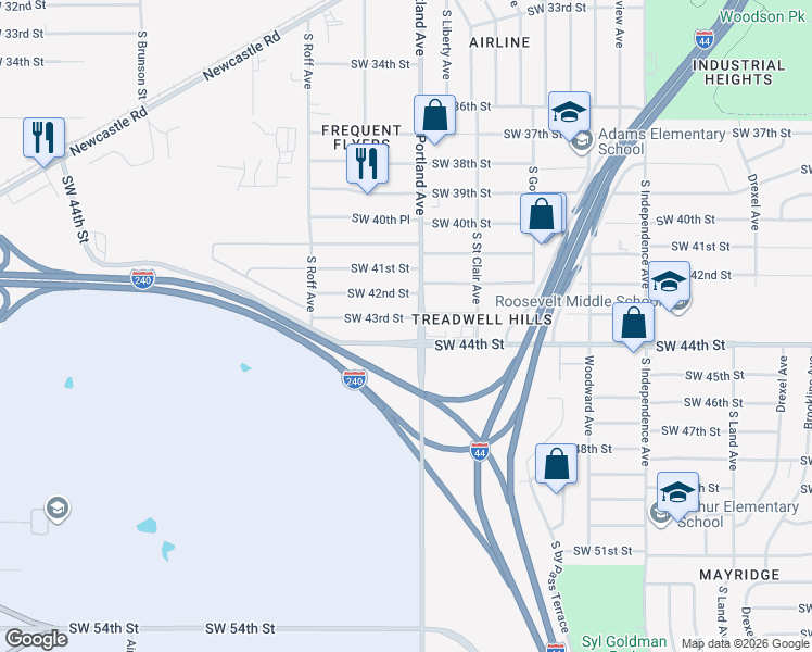 map of restaurants, bars, coffee shops, grocery stores, and more near 3709 Southwest 44th Street in Oklahoma City