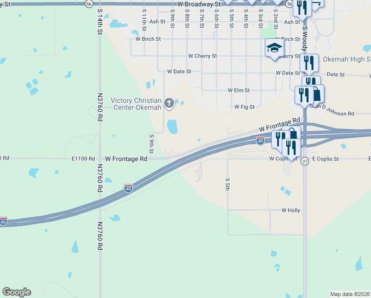 map of restaurants, bars, coffee shops, grocery stores, and more near 1001 South 9th Street in Okemah