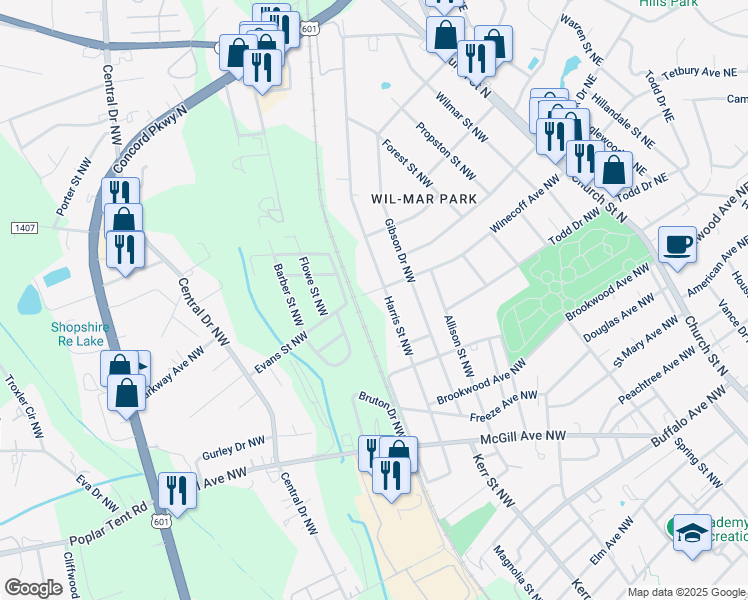 map of restaurants, bars, coffee shops, grocery stores, and more near 625 Harris Street Northwest in Concord