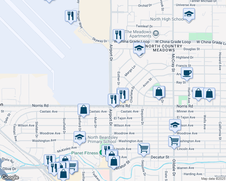 map of restaurants, bars, coffee shops, grocery stores, and more near 1700 Airport Drive in Bakersfield