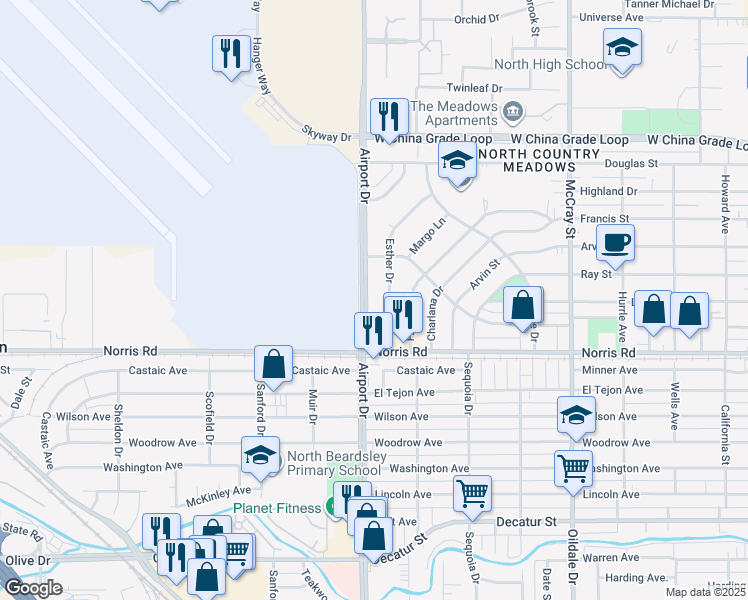 map of restaurants, bars, coffee shops, grocery stores, and more near 1700 Airport Drive in Bakersfield