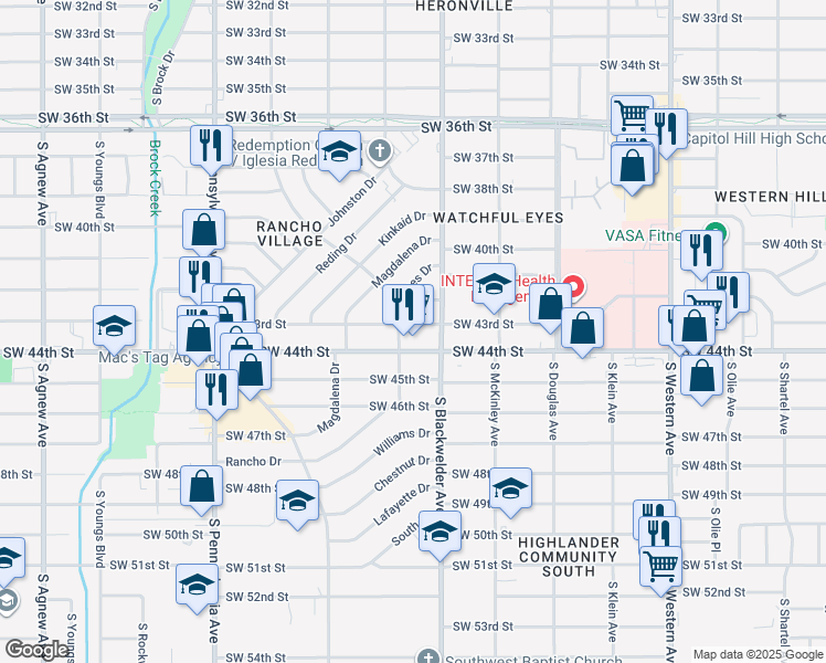 map of restaurants, bars, coffee shops, grocery stores, and more near 1325 Southwest 44th Street in Oklahoma City