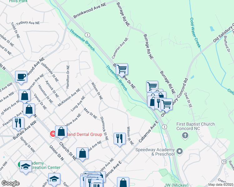 map of restaurants, bars, coffee shops, grocery stores, and more near 295 Hatley Circle Northeast in Concord