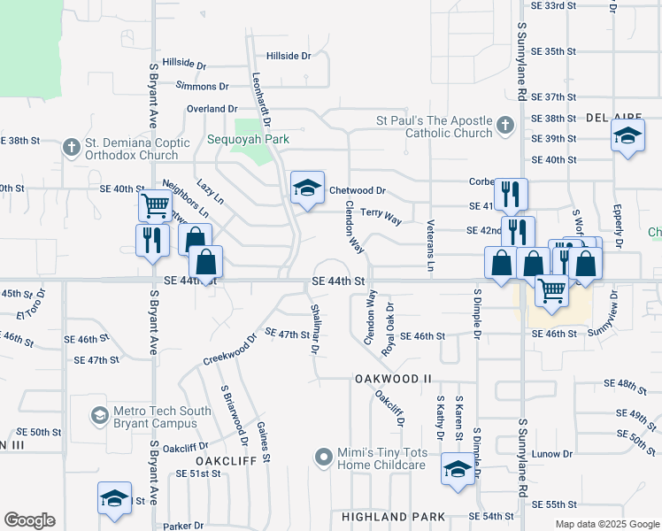 map of restaurants, bars, coffee shops, grocery stores, and more near 3451 Southeast 44th Street in Oklahoma City