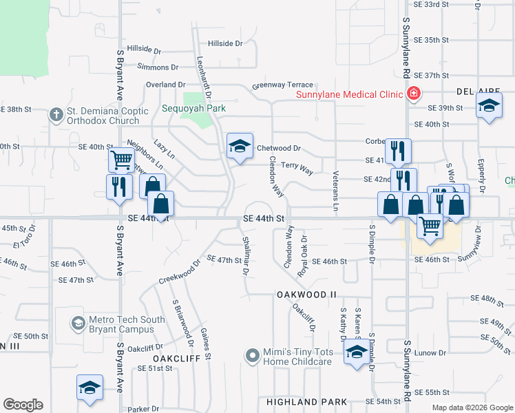 map of restaurants, bars, coffee shops, grocery stores, and more near 3497 Southeast 44th Street in Del City