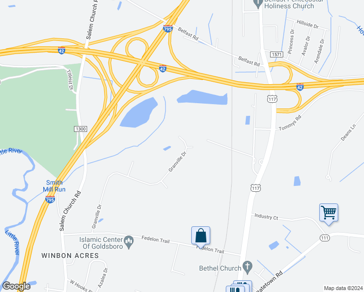 map of restaurants, bars, coffee shops, grocery stores, and more near 2401 Granville Drive in Goldsboro