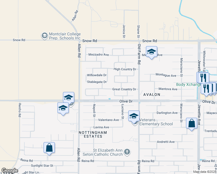 map of restaurants, bars, coffee shops, grocery stores, and more near 12500 Great Country Drive in Bakersfield