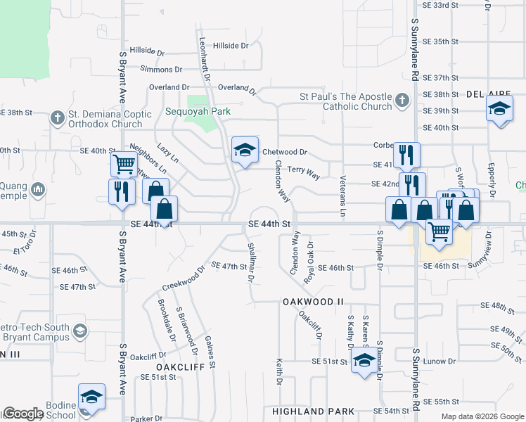 map of restaurants, bars, coffee shops, grocery stores, and more near 3451 Southeast 44th Street in Del City