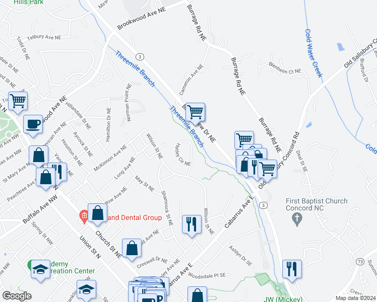 map of restaurants, bars, coffee shops, grocery stores, and more near 270 Hatley Circle Northeast in Concord