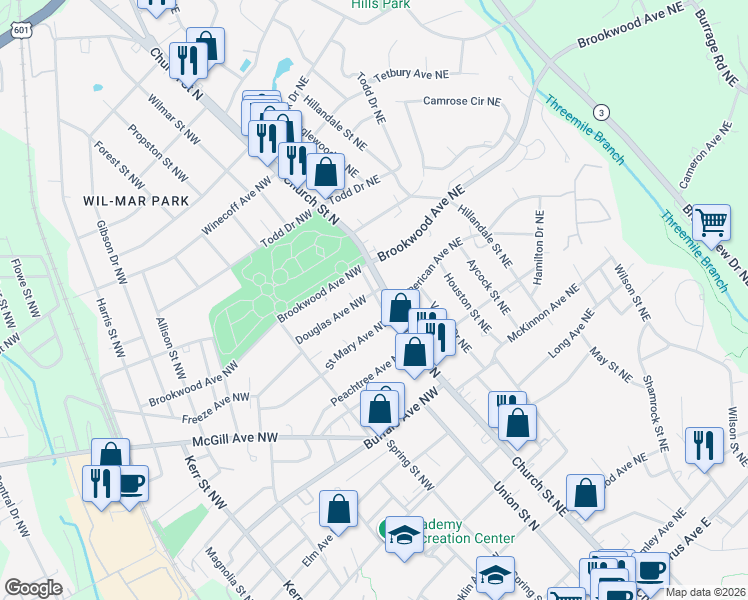 map of restaurants, bars, coffee shops, grocery stores, and more near 25 Douglas Avenue Northwest in Concord