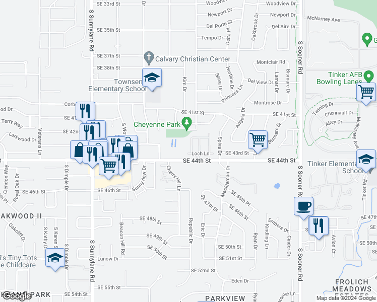 map of restaurants, bars, coffee shops, grocery stores, and more near 4620 Loch Lane in Del City