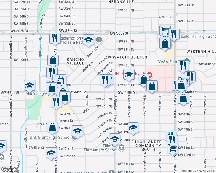 map of restaurants, bars, coffee shops, grocery stores, and more near 1325 Southwest 44th Street in Oklahoma City